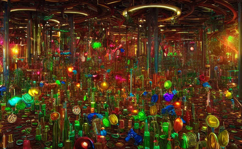 Prompt: a supercomputer forest made of colorful glass steampunk gears and bottles, octane render, internally glowing