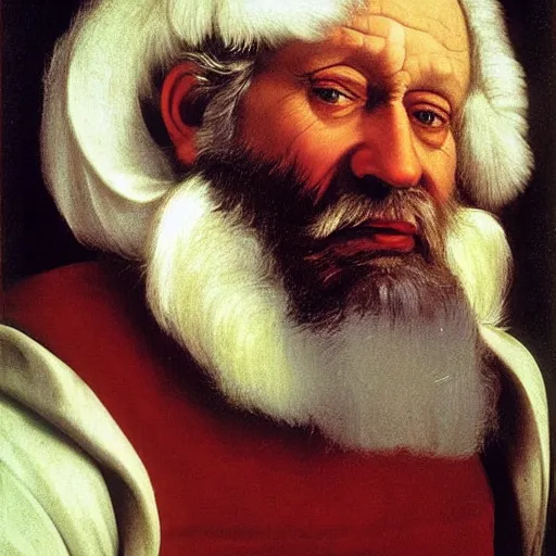 Prompt: Father Christmas looking grumpy. Painted by Caravaggio
