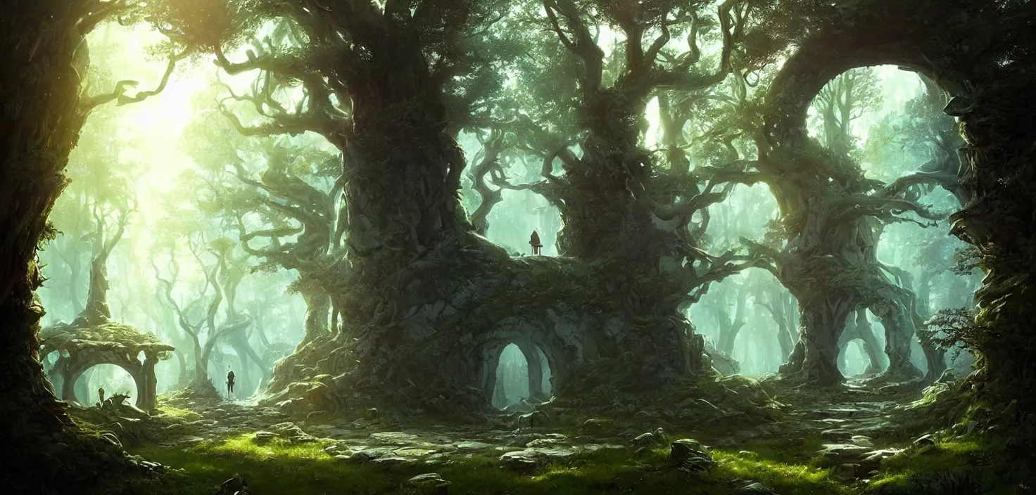 Image similar to fantasy magical fairytale portal in the forest round stone portal teleport in trees to other worlds fantastic landscape, by greg rutkowski