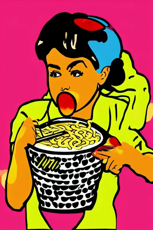 Prompt: a girl eating ramen in the style of modern pop art