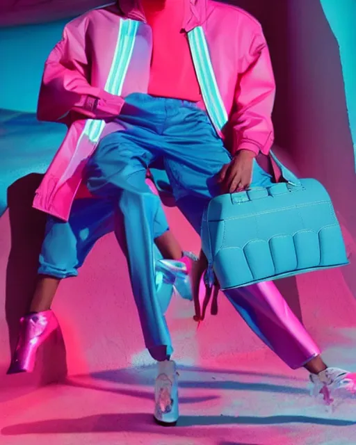 Image similar to a leaked screenshot of balenciagas 2 0 4 9 campaign, dayglo pink, dayglo blue