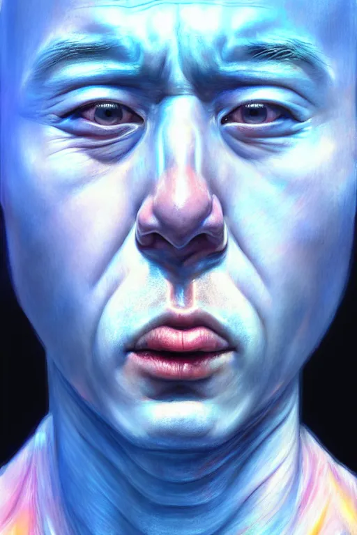 Image similar to hyperrealistic close-up pastel postmodern exoskeleton! chinese man highly detailed concept art eric zener elson peter cinematic hard blue lighting high angle hd 8k sharp shallow depth of field