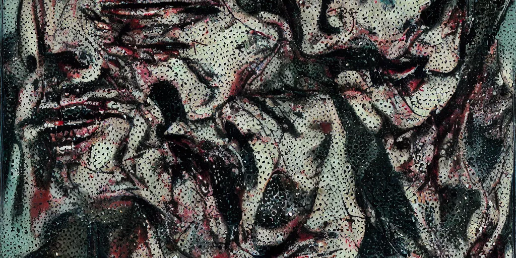 Image similar to camo made of teeth, smiling, abstract, francis bacon artwork, cryptic, dots, stipple, lines, splotch, color tearing, pitch bending, faceless people, dark, ominious, eerie, minimal, points, technical, old painting