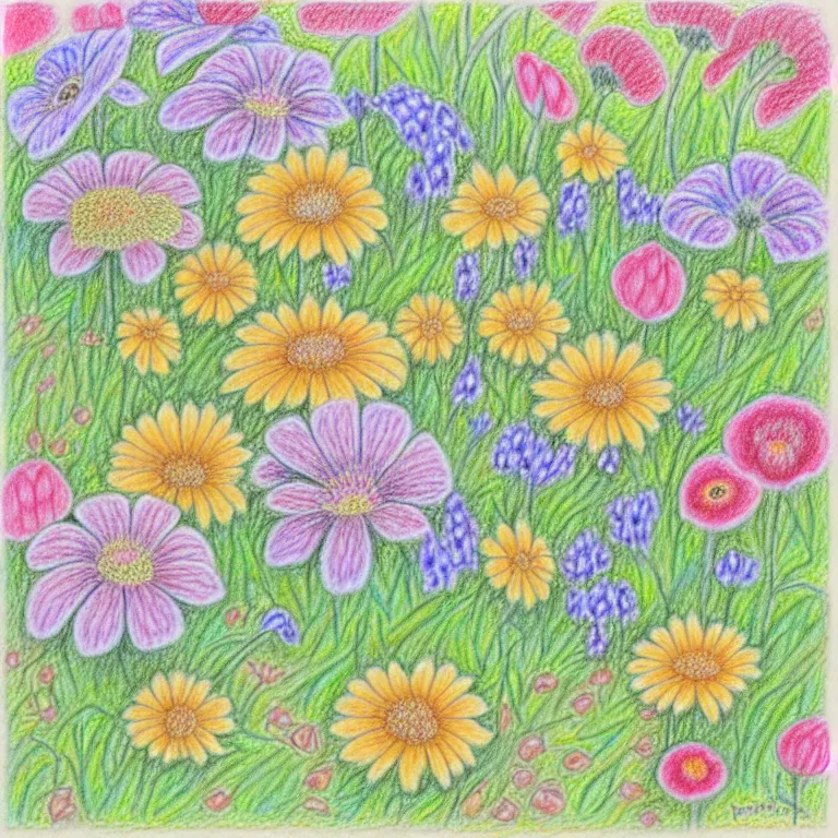 Image similar to an absurdly-detailed tea party in the flower garden colored-pencil drawing as a fancy square tile. pastel palette