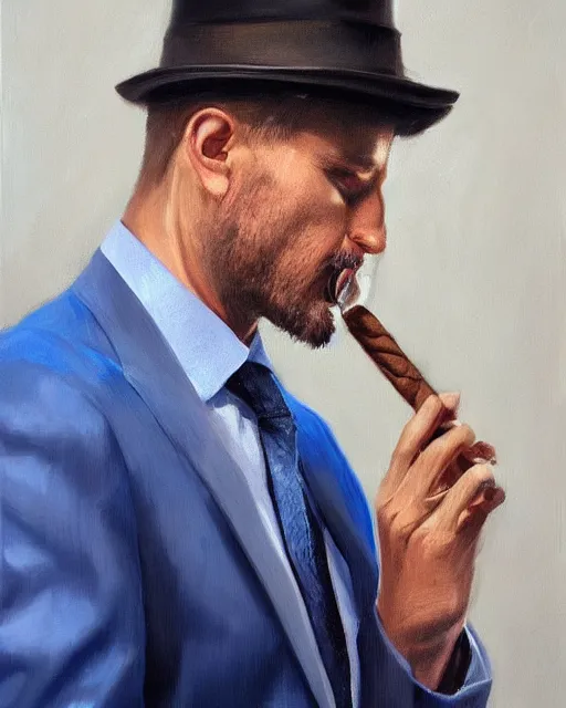 Image similar to Hyper realistic oil portrait of a man in his thirties smoking a cigar, dressed in a blue suit, by Mosh Art, trending on artstation