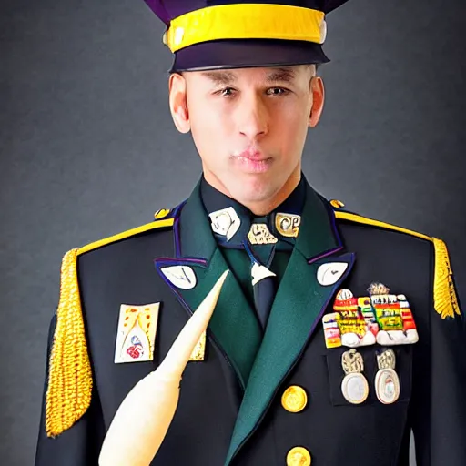 Image similar to a realistic photograph of a ice cream cone themed military uniform of a high ranking ice cream cone officer