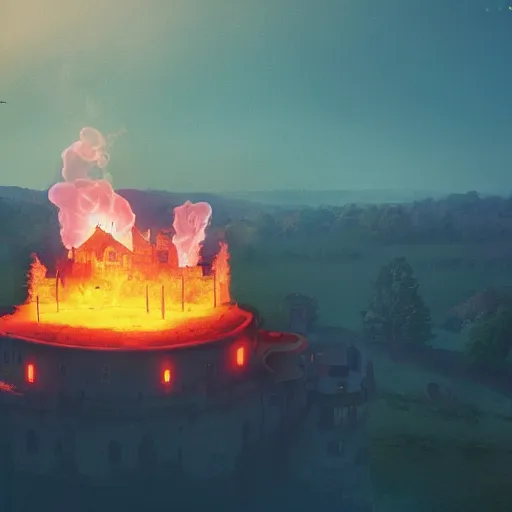 Prompt: a royal gigantic!! medieval castle on fire, on top of a hill, birds eye view from a distance, intense smoke, burning down, intense flames, center focus, landscape by simon stalenhag, rendered by beeple, by makoto shinkai, digital art