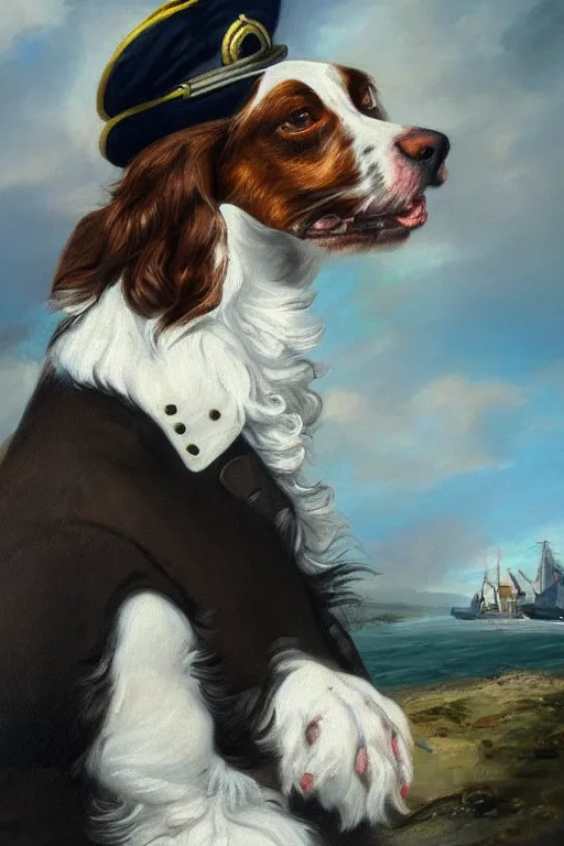 Prompt: a painted portrait of a springer spaniel with brown fur, no white fur, wearing a sea captain's uniform and hat, sea in background, oil painting by thomas gainsborough, elegant, highly detailed, anthro, anthropomorphic dog, epic fantasy art, trending on artstation, photorealistic, photoshop, behance winner