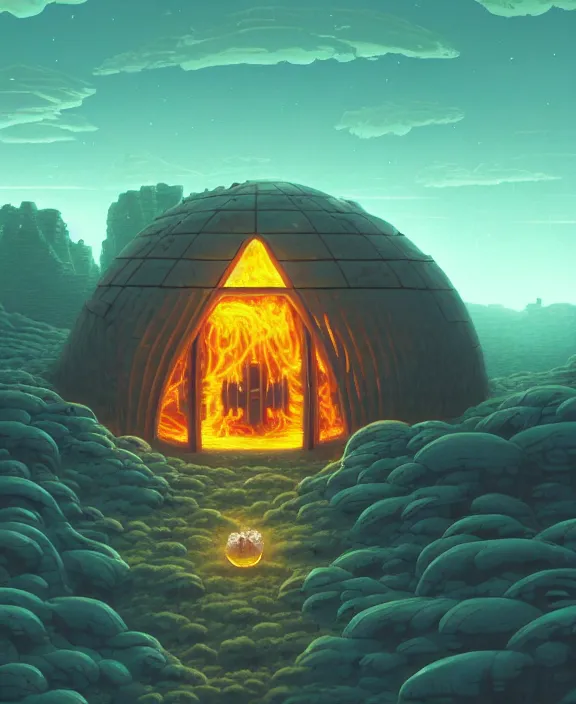 Prompt: a simple cabin made out of exotic fungus, weird simple fungus and tendrils, spaceship, sci - fi, robots, somber, partly cloudy, hell, fire, brimstone, lava, by dan mumford, yusuke murata, makoto shinkai, ross tran, cinematic, unreal engine, cel shaded, featured on artstation, pixiv