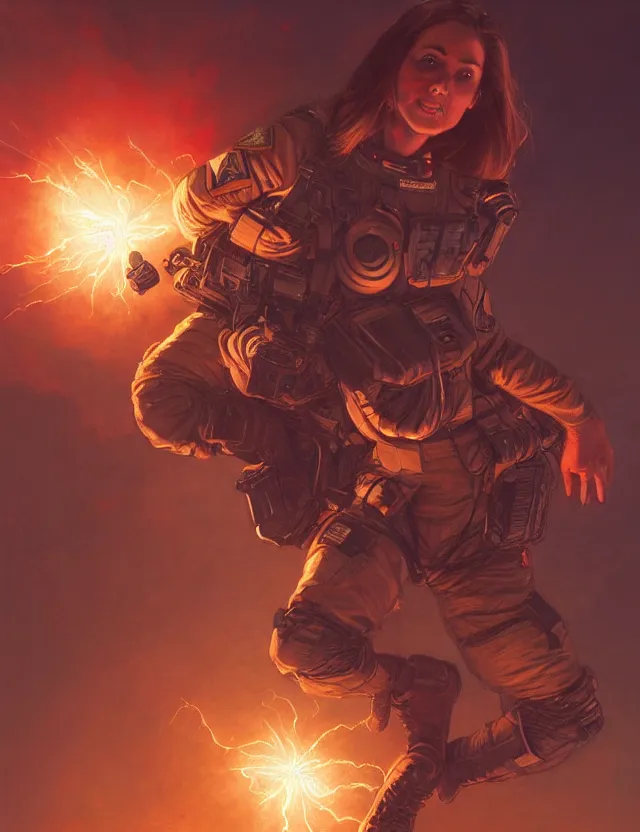 Image similar to a brown - haired woman in a military uniform hovering in the air glowing with red light and crackling energy, by frank fazetta and moebius, trending on artstation, digital art, 4 k resolution, detailed, high quality, sharp focus, hq artwork, coherent, insane detail, concept art, character concept, character full body portrait