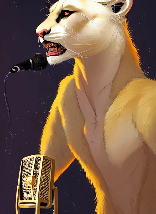 Prompt: award winning beautiful portrait commission of a male furry anthro albino mountain lion with a beautiful hyperdetailed attractive outfit and face wearing a gold and black rockstar outfit singing into a microphone on a stage. Character design by charlie bowater, ross tran, and makoto shinkai, detailed, inked, western comic book art