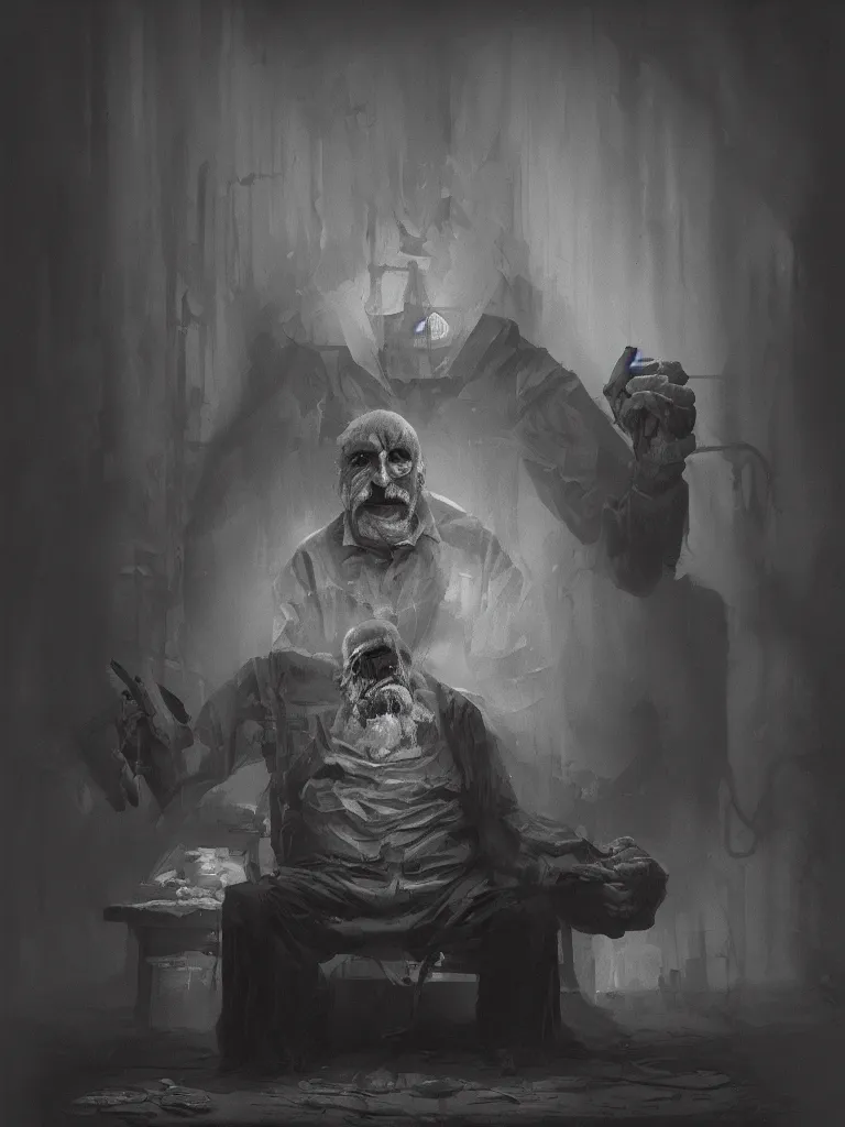 Prompt: creepy mutated old man sitting in a dark factory environment, digital black and white painting by oleg vdovenko, chuvabak, maxim verehin, flash photography, trending on artstation, character painting, digital illustration