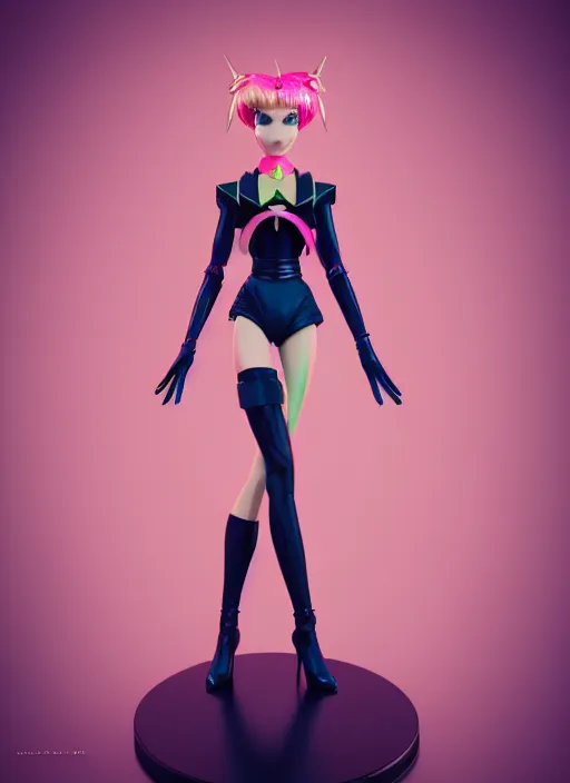 Prompt: symmetry!! portrait of a sailor moon, futuristic, dark, highly detailed, 8 0 - s style colors, sharp focus, octane render, vinyl design toy, realistic photo, studio green light on pink background