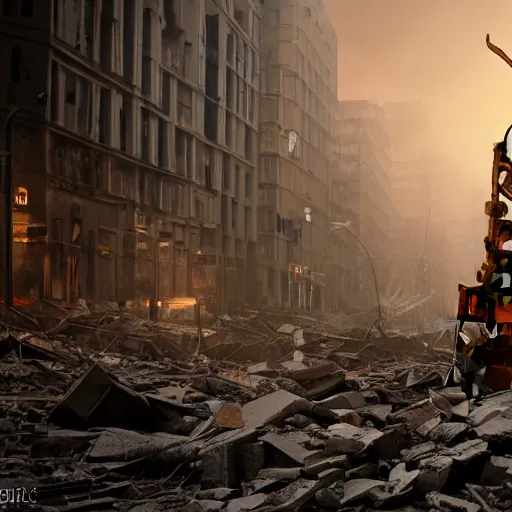 Prompt: giant dieselpunk ant in a destroyed city, 8 k, moody lighting, shallow depth of field,