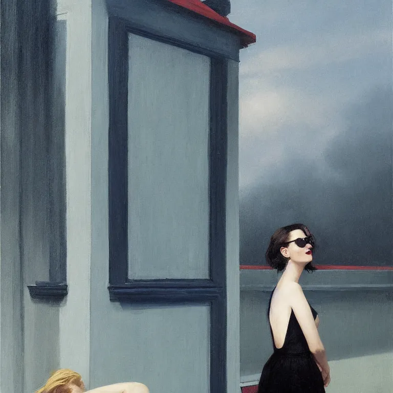 Image similar to Eva Green on a roof, fog, early morning, , painted by Edward Hopper, painted by Wayne Barlow, airbrush