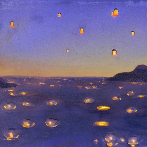 Image similar to beautiful lit lanterns floating in the beautiful night sky, john singer sargent art style, 4 k, modern