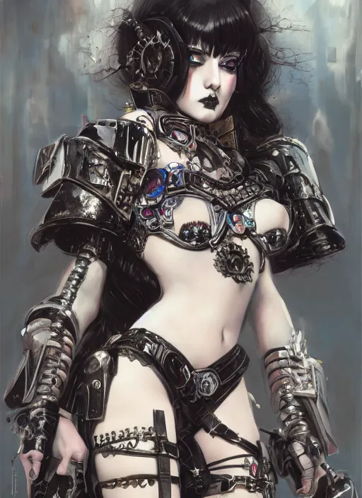 Image similar to portrait of cute beautiful young goth maiden in bikini armor, cyberpunk, Warhammer 40000, gothic, highly detailed, artstation, illustration, art by Gustav Klimt and Range Murata