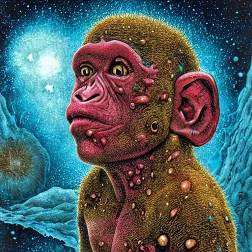 Image similar to measles on a deformed hideous pustule covered monkey, sores, bumps, skin wounds, surface hives, growths, horror, fantasy, highly detailed, by Dan Hillier, ooze, slime, in background nebula of bacteriophages