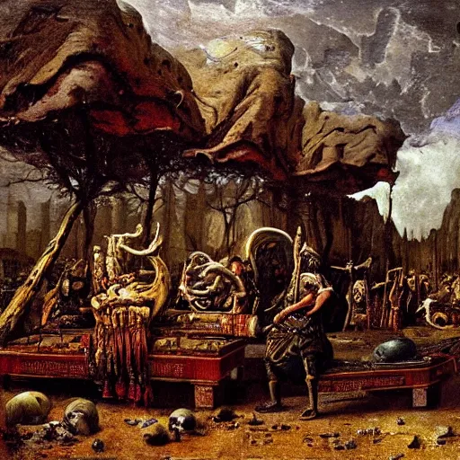 Prompt: by rudolf ernst, by pieter aertsen apocalyptic. a installation art of a coffin being carried by six men through an ethereal, otherworldly landscape. the men are all wearing hooded cloaks. the landscape is eerie & foreboding, with jagged rocks & eerie, glowing plants.