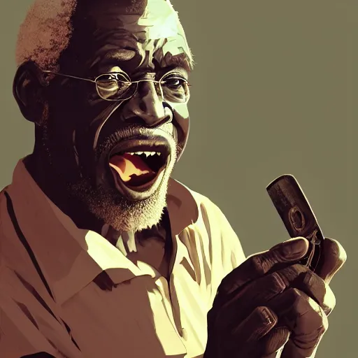 Image similar to An old african man raging and screaming and Television, holding a controller. Nice rimlight. By ilya kuvshinov, krenz cushart, Greg Rutkowski, trending on artstation. Sharp highlights, amazing textured brush strokes, accurate shape, cinematic soft, 8k, VFX, HDR, dramatic lighting, psychedelic colouring