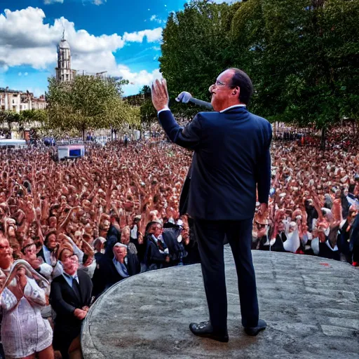 Prompt: François Hollande giving a concert, EOS 5D, ISO100, f/8, 1/125, 84mm, RAW Dual Pixel, Dolby Vision, HDR, professional