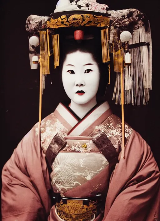 Prompt: old vintage photo of Chinese ancient geisha in the ancient temple looking at big space suit helmet laying in front of her on the altar, symmetrical face, big eyes and lips, looking at camera, subtle makeup, clean face and body skin,ecstatic expression,volumetric lights,depth of field, lens flares, dust in the air, moody lighting, intricate, elegant, highly detailed, centered, smooth, sharp focus, Donato Giancola, Joseph Christian Leyendecker, WLOP, Boris Vallejo, Artgerm moody photography, old photo, black and white, sepia, cinematic lighting, cinematic angle, national geographic