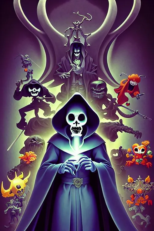 Image similar to video game cover, disney cute grim reaper dressed with a cape surrounded by demons, intricate baroque style. by martin johnson head, by david caspar friedrich, by mike mignola, by goro fujita, by octavio ocampo, masterpiece. intricate artwork, symmetrical artwork, cinematic, pixar studio, smooth gradients, full body character.