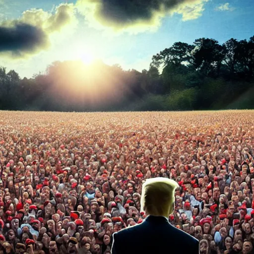 Image similar to donald trump as the sun looking over a field, millions of screaming karens. digital painting, high detail, 8 k, film still