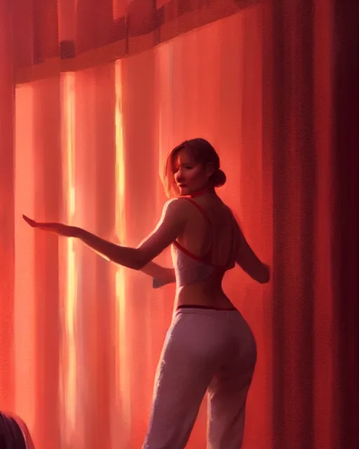 Image similar to Jennifer Lawrence dancing behind red curtains, 🍑, in GTA V, Stephen Bliss, unreal engine, by Greg Rutkowski, Loish, Rhads, Makoto Shinkai and Lois van baarle, ilya kuvshinov, rossdraws, global illumination, radiant light, detailed and intricate environment