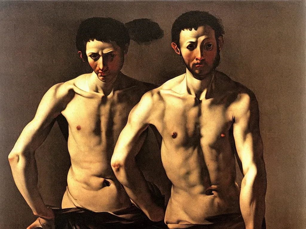 Image similar to A man. Simple, not deformed at all, with only two arms and two legs and symmetrical face. Painting by Caravaggio