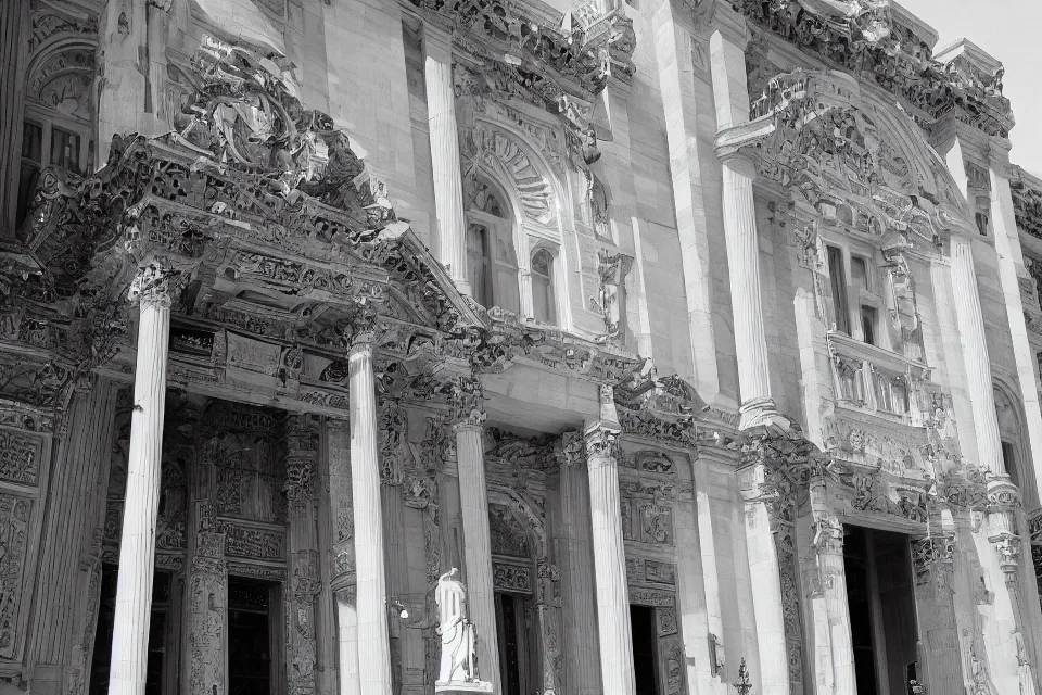 Prompt: a black and white photograph of an enormous building, official courthouse, statues looking down on the gigantic door, Arabic architecture, long shot,