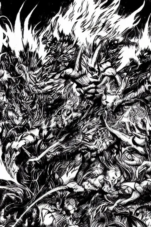 Image similar to demons attacking humans far away, fire, field, horror, trees, manga style,