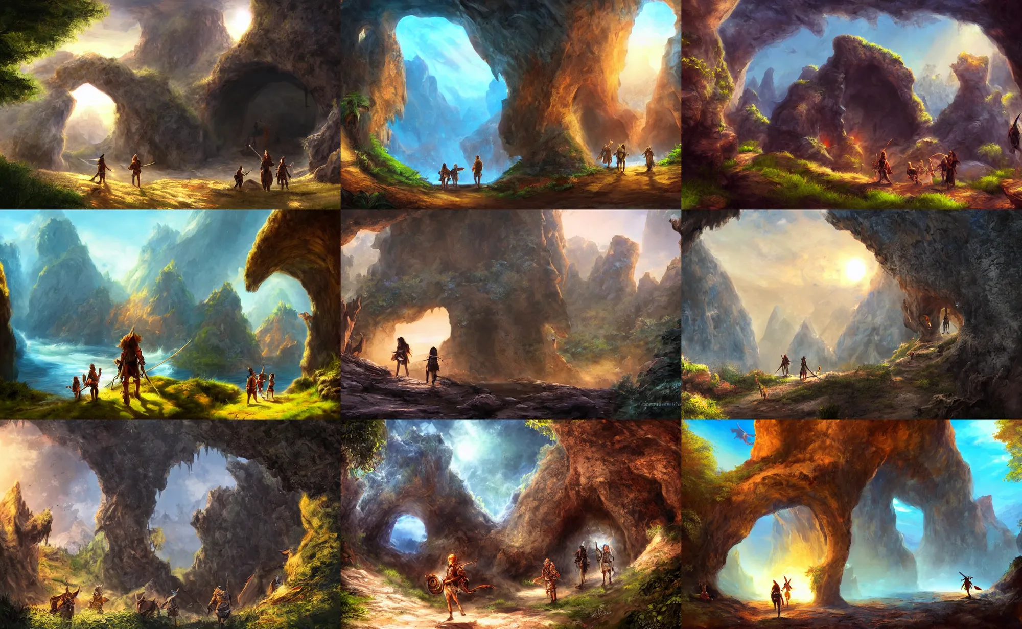 Prompt: adventurers in front of a cave entrance, sunny, fantasy art, epic, 4 k