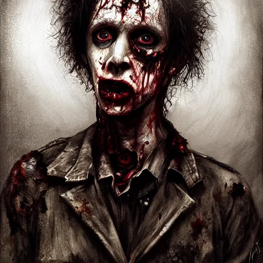 Image similar to young and slim robert smith as a zombie, 7 days to die zombie, fine art, award winning, intricate, elegant, sharp focus, cinematic lighting, highly detailed, digital painting, 8 k concept art, art by z. w. gu, art by brom, art by michael hussar, masterpiece, 8 k