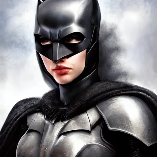 Prompt: head and shoulders portrait of a female knight, gotham, batman, helmet, breastplate, by artgerm, face detail, extremely detailed, photo