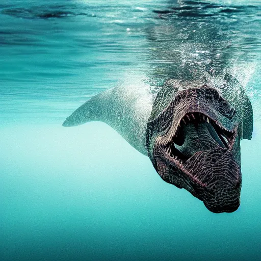 Prompt: an award winning national geographic photo of a swimming dinosaur deep in the ocean