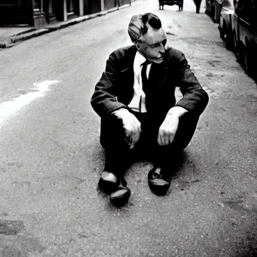 Prompt: a gentlemen sitting in the middle of the street award winning photograph 1950