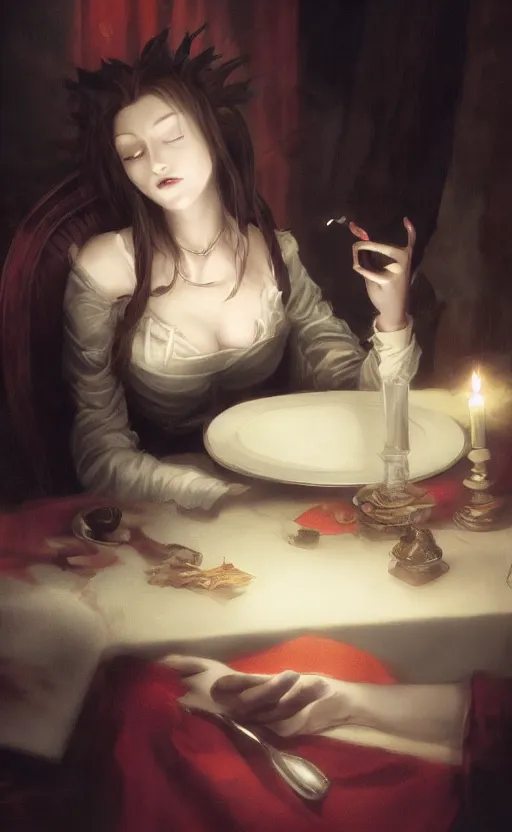 Image similar to a beautiful lady vampire falling asleep at a table, cinematic, art, epic, digital masterpiece, romantic lighting