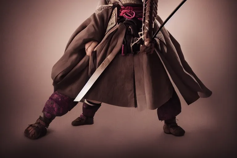 Image similar to beautiful photo of a young female samurai, practising sword stances, symmetrical face, beautiful eyes, huge oversized anime style sword, highly detailed, 8 k, award winning photo, muted pastels, action photography, 1 / 1 2 5 shutter speed, dramatic lighting