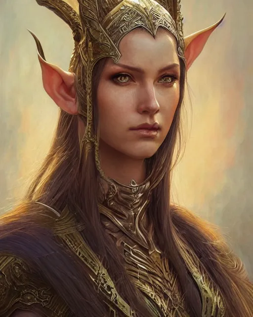 Image similar to female elven warrior portrait | highly detailed | very intricate | symmetrical | cinematic lighting | award - winning | closeup portrait | painted by donato giancola and mandy jurgens and charlie bowater | featured on artstation