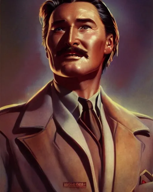 Image similar to Errol Flynn as a scientist. 1980s dystopian Soviet Russia, propaganda screens. Unreal engine, fantasy art by Bayard Wu. Faithfully depicted facial expression, perfect anatomy global illumination, radiant light, detailed and intricate environment