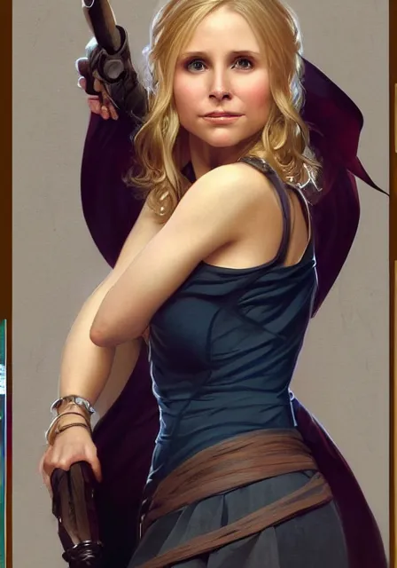 Image similar to kristen bell buffy the vampire slayer, intricate, elegant, highly detailed, digital painting, artstation, concept art, smooth, sharp focus, illustration, art by artgerm and greg rutkowski and alphonse mucha and william - adolphe bouguereau