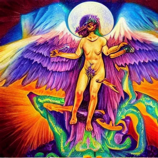 Image similar to ! dream elements of nature, angels and demons, hemp, bright colors, degenerate art