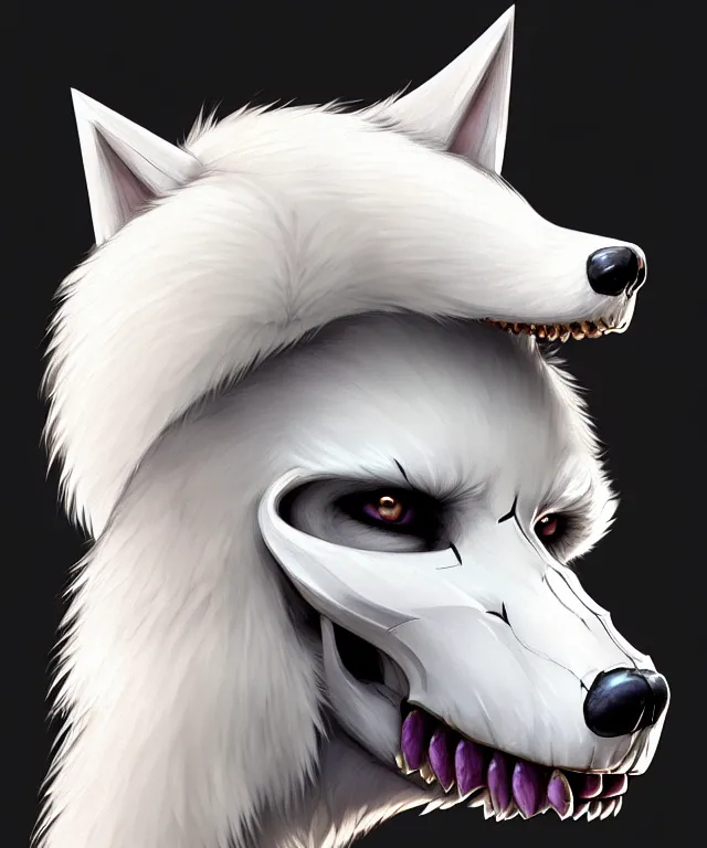 Image similar to male anthropomorphic white wolf skull furry, cute - fine - face, pretty face, key visual, realistic shaded perfect face, fine details by stanley artgerm lau, wlop, rossdraws, james jean, andrei riabovitchev, marc simonetti, and sakimichan, trending on artstation