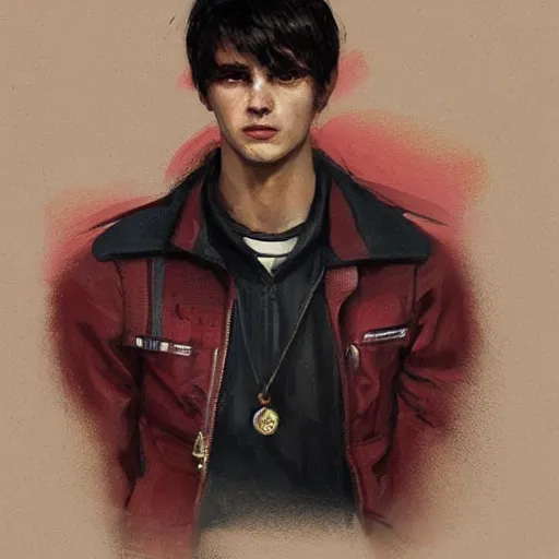 Prompt: Portrait of a man by Greg Rutkowski, he is about 20 years old, french features, straight jaw, attractive, short brown hair with bangs, athletic and strong, gallant, childhood friend vibes, he is wearing red and black utilitarian jumpsuit, highly detailed portrait, digital painting, artstation, concept art, smooth, sharp foccus ilustration, Artstation HQ.