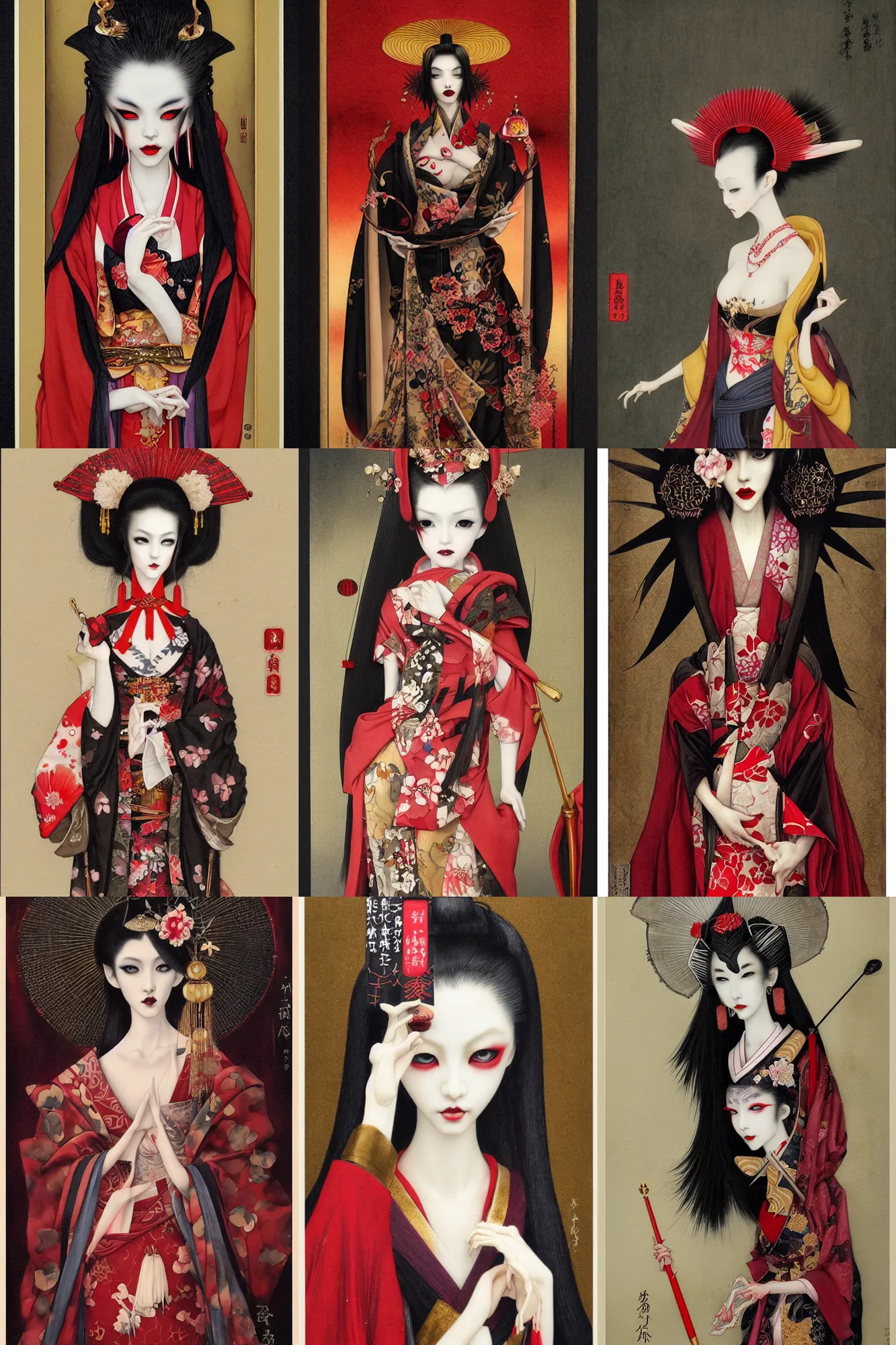 Prompt: watercolor painting of a japanese bjd geisha vampire with a long neck by tom bagshaw, ayami kojima, mark ryden in the style of thoth tarot card, dark - fantasy, nihonga, red, gold black