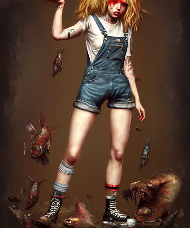 Image similar to full body pose, grungy alice, torn overalls, short shorts, combat boots, fishnets, beautiful, highly detailed face, true anatomy!, extremely detailed!, digital painting, unreal engine 5, art by tom bagshaw