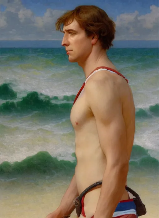 Prompt: portrait Saul Goodman as sea lifeguard on the beach, full length shot, shining, 8k highly detailed, sharp focus, illustration, art by artgerm, mucha, bouguereau