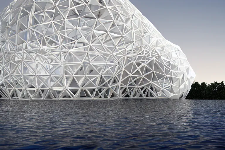 Image similar to a lot of white egg shaped spherical spaces are combined and intersected to form a skum white building. on the calm lake surface, people's perspective, future, interior wood, marble, award winning, highly detailed 4 k art, dusk, unreal engine highly rendered, global illumination, radial light, internal environment