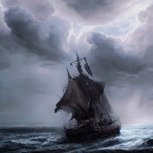 Prompt: dark concept art of ships in a thunderstorm, stoic, windy, dramatic, epic painting, dark clouds, thunderstom, rain, medieval, dark concept art, dark skies painting by wlop, nixeu and greg rutkowski, beautiful, semirealism, artstation, octane render, oil painting, sharpness, 8 k, golden ratio